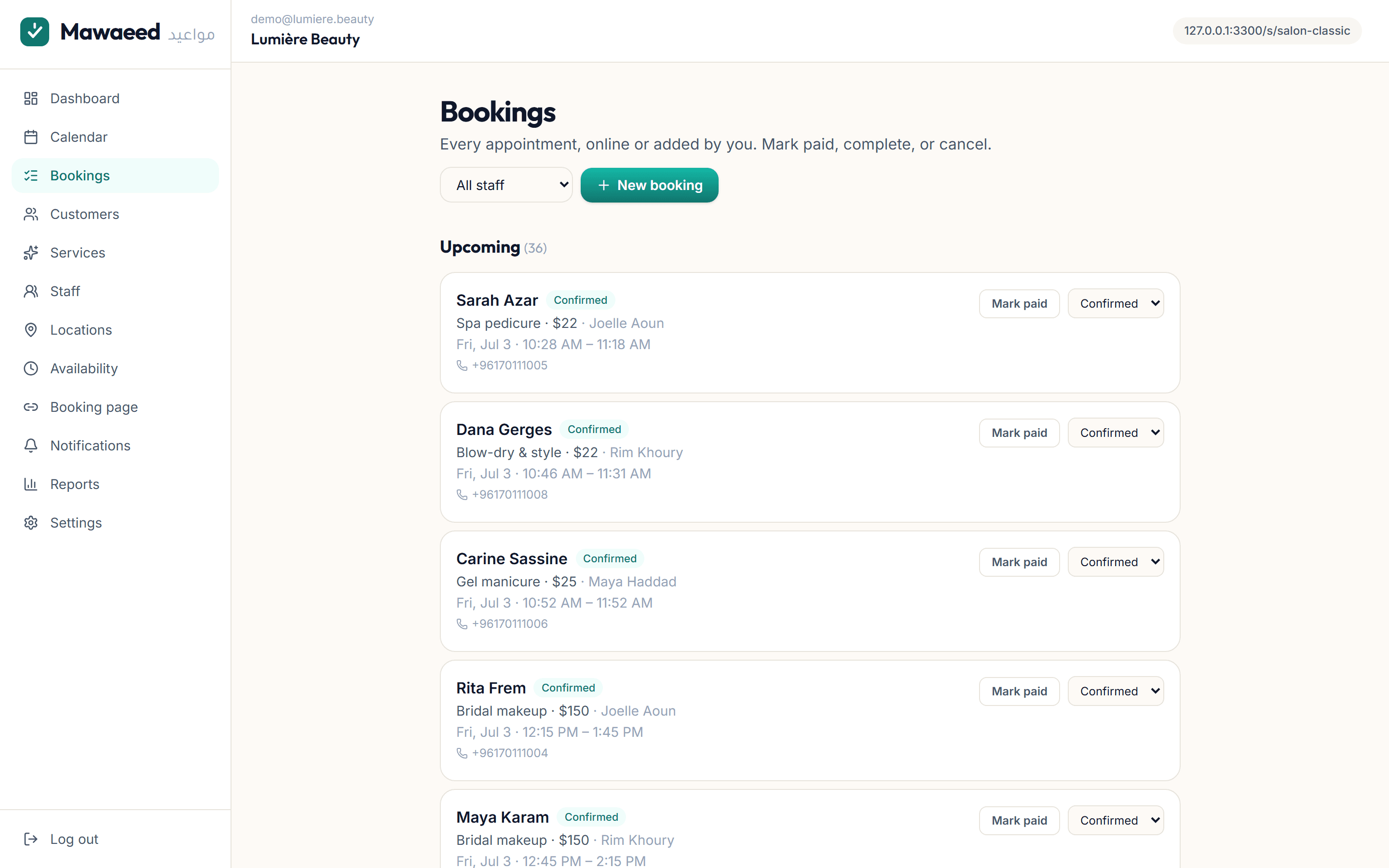 Bookings list with statuses and quick actions