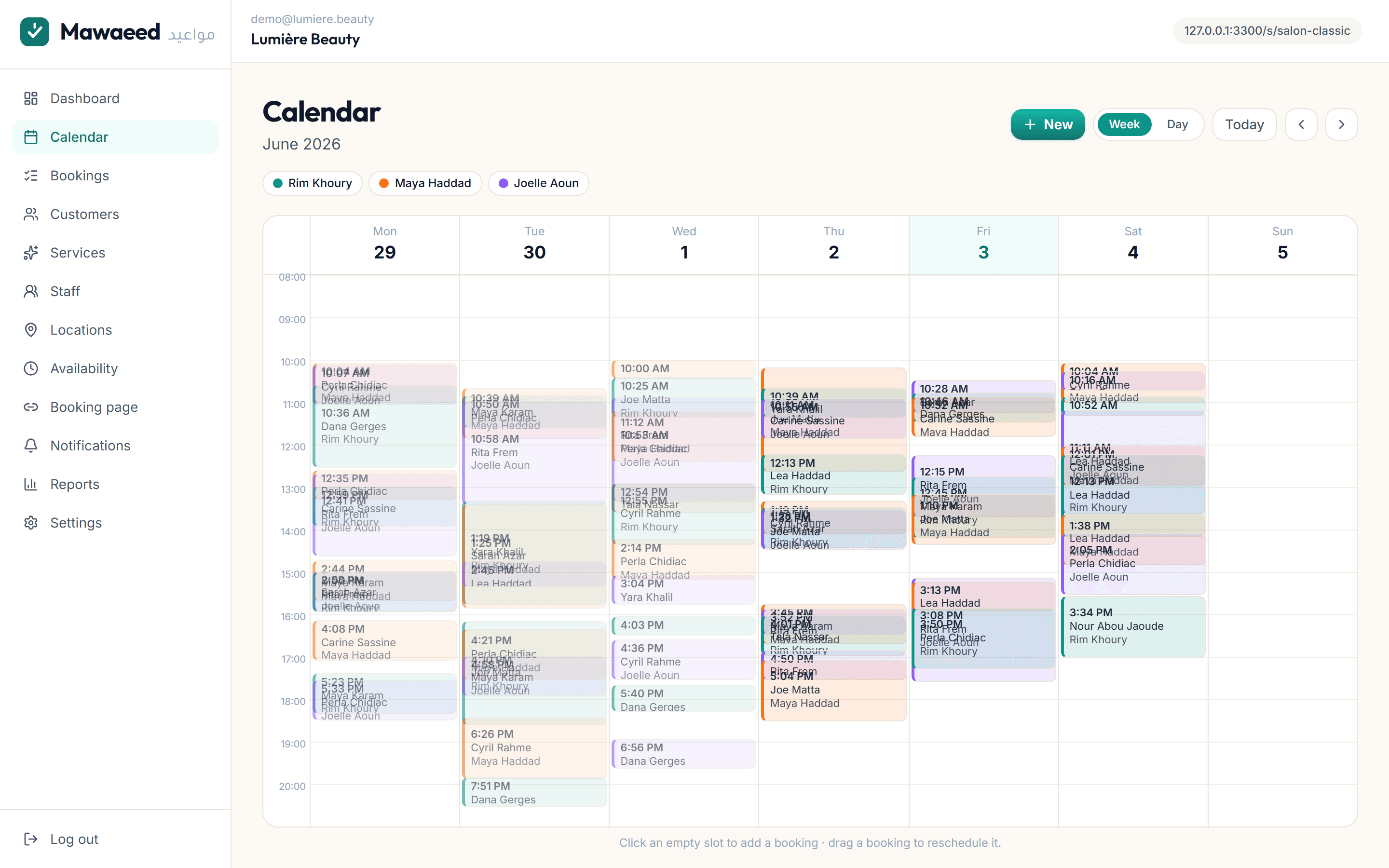 Team calendar with color-coded appointments per staff member