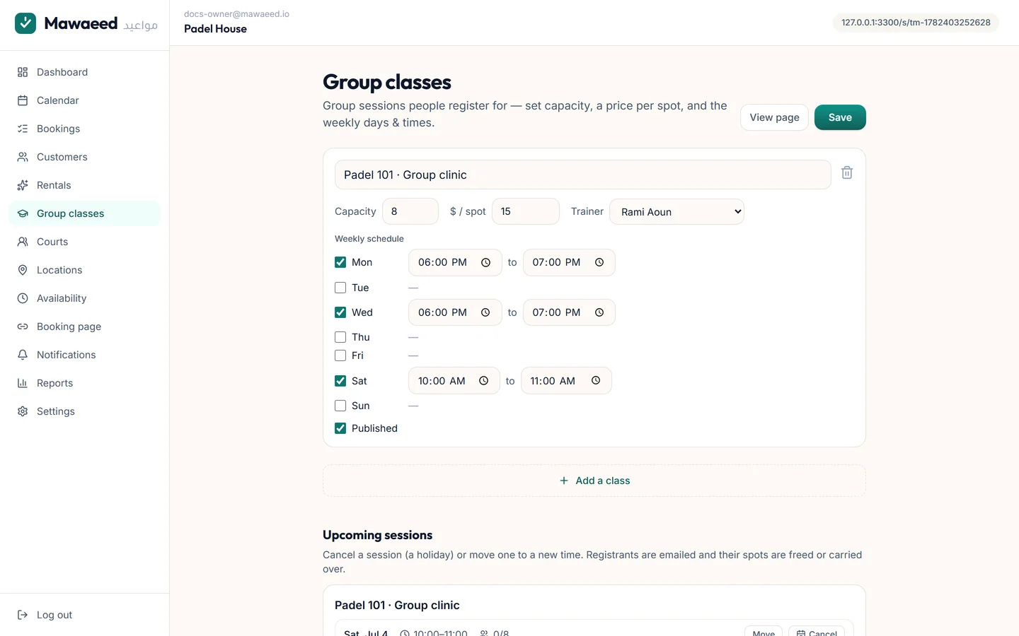 The group classes editor with weekly schedule