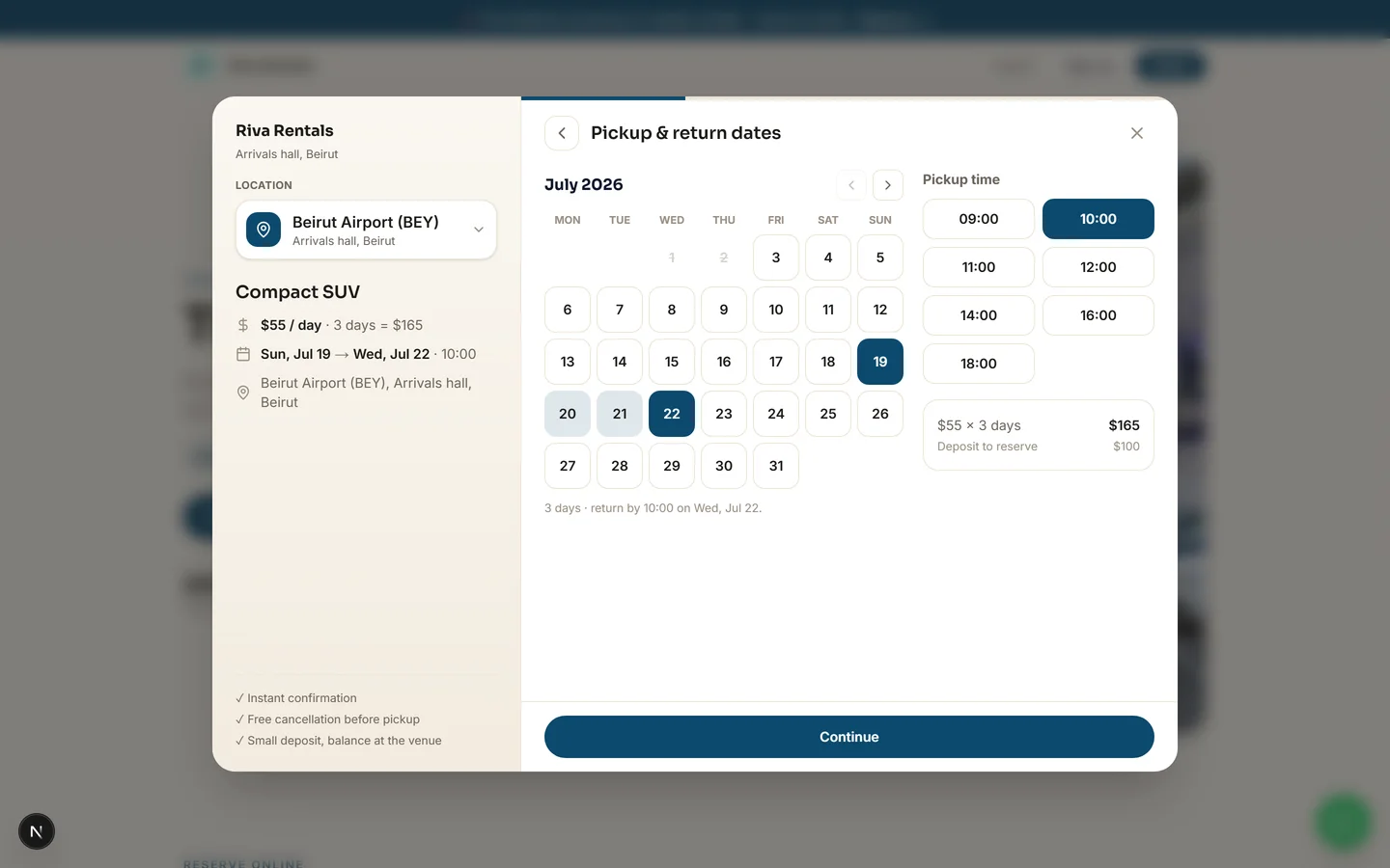 The pickup-to-return date range picker