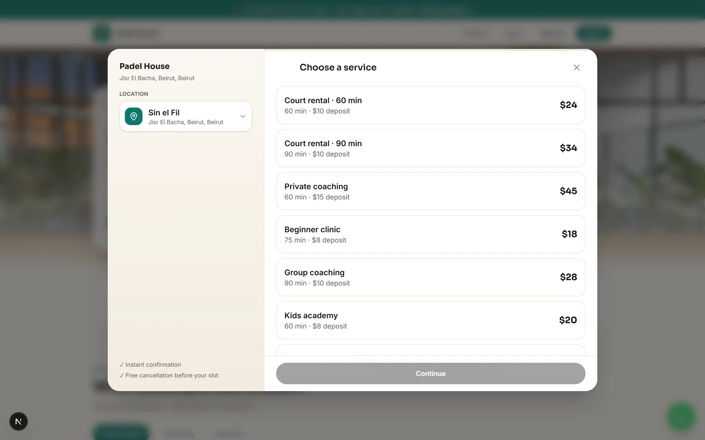 The customer booking modal on a live page
